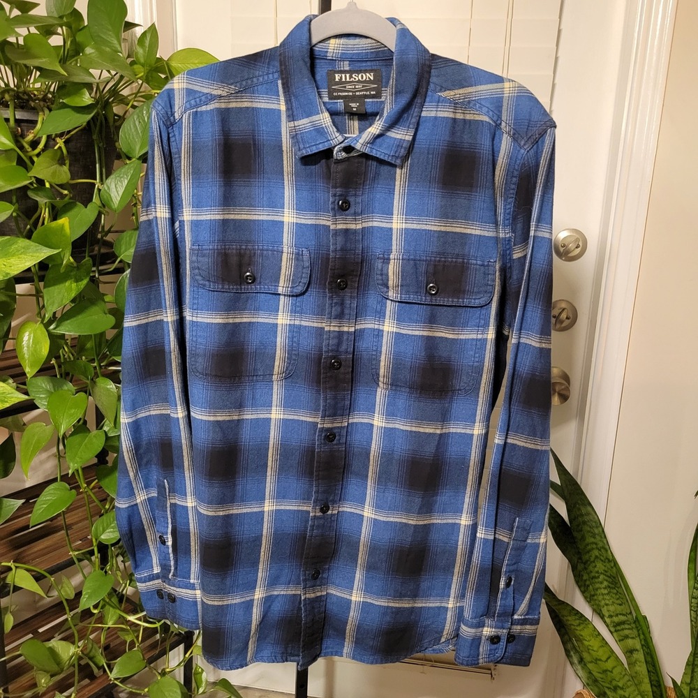 Filson Mens Blue Black Plaid Twill Long Sleeve Button Down Work Shirt Size M